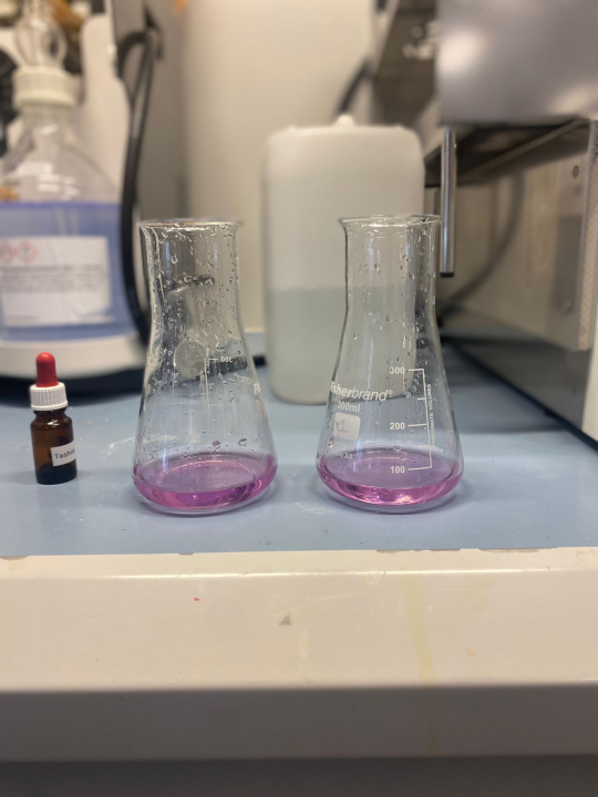Figuur 4: erlenmeyers met boorzuur en indicator