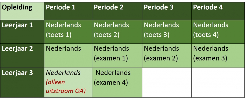 In leerjaar 1 en 2 krijg je elke periode Nederlands, in leerjaar 3 nog één periode. De uitstroom Onderwijsassistent heeft in leerjaar 3 nog twee periodes Nederlands.