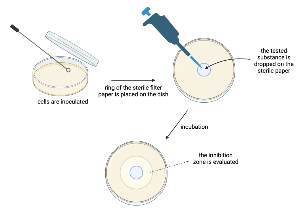 Figure 12.4 Scheme of the toxicity test on bacterial cells. The zone of growth inhibition is assessed, a larger zone corresponds to a higher toxicity of the substance.