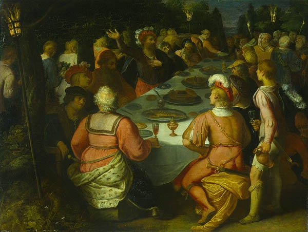 De samenzwering van Julius Civilis met de Bataven in het Schakerbos. Julius Civilis zit met medestanders aan een maaltijd aan een lange tafel in het bos bij nacht.