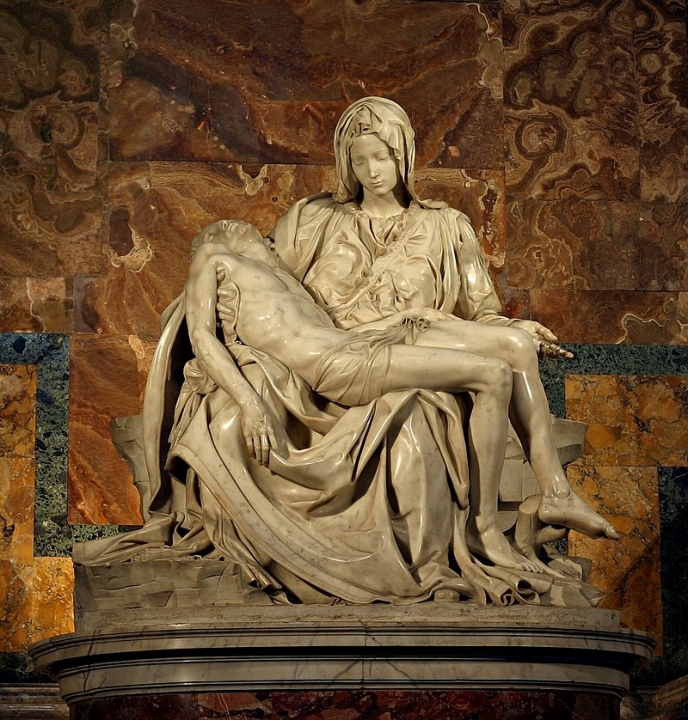 Maria draagt het dode lichaam van Jezus na diens kruisiging (Pieta)