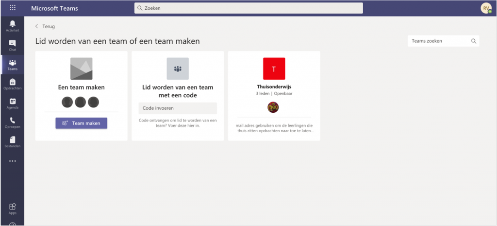 Klik op de knop "Team maken"