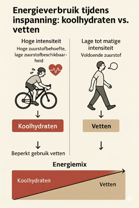 Bij een tekort aan koolhydraten schakelt het lichaam deels over op vetverbranding, maar dat gaat langzamer en vereist meer zuurstof.