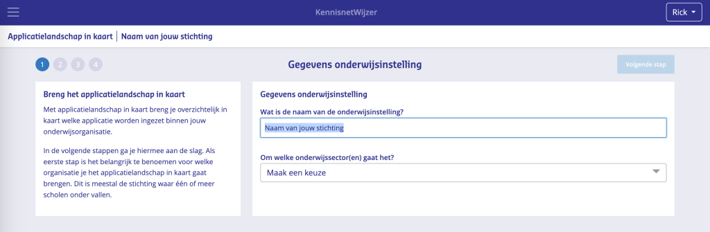 Vul de naam van de stichting/het schoolbestuur in waarvoor je het applicatielandschap in kaart gaat brengen