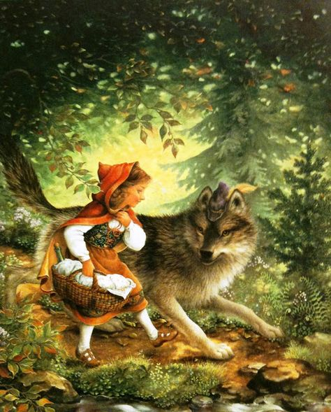 LRRH in the woods, talking to the wolf (that's wearing a funky hat)