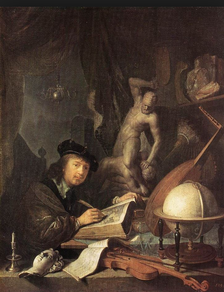 Gerard Dou: zelfportret van kunstenaar in atelier, 1647