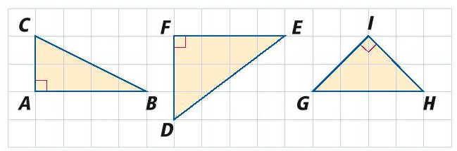 Hier zie je drie voorbeelden van rechthoekige driehoeken.