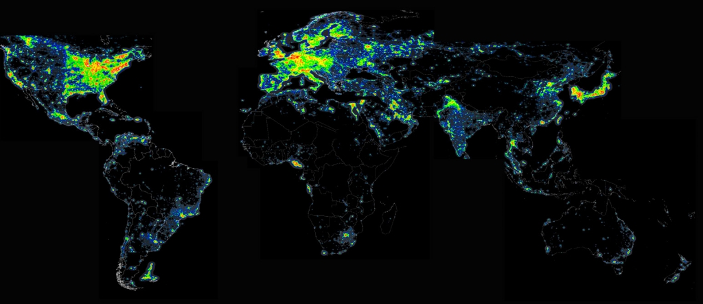 Lichtvervuiling wereldwijd. De landen die welvarender zijn, hebben véél meer lichtvervuiling dan bijvoorbeeld Afrika.