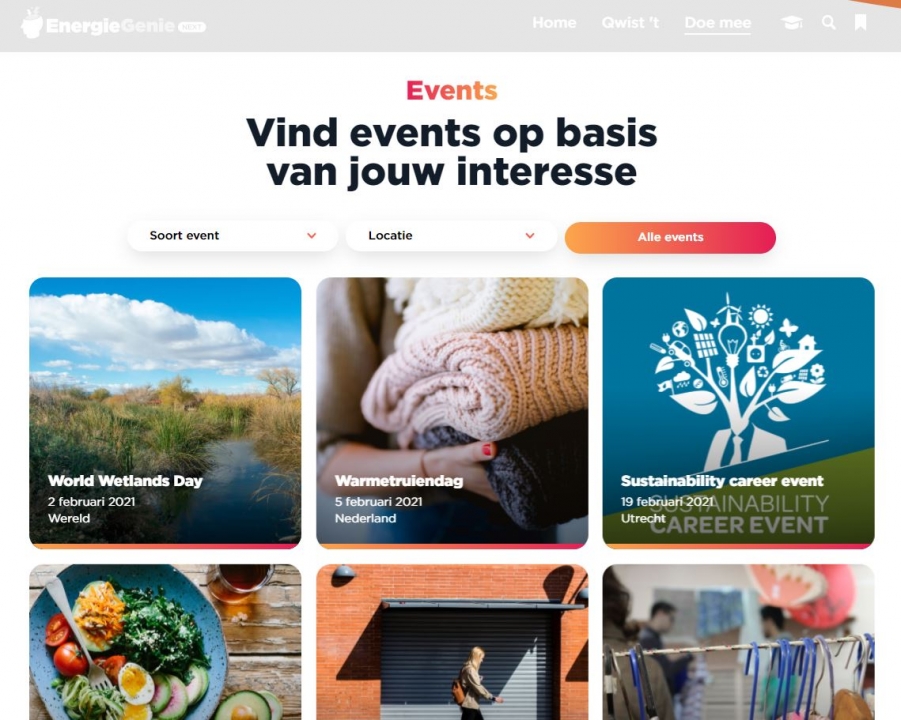 Overzicht van de events pagina