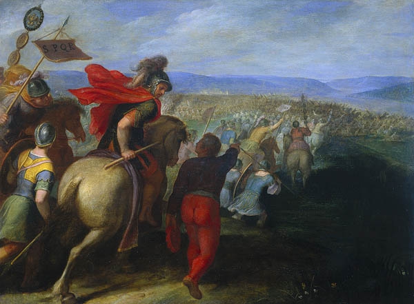 De Romeinen onder Cerealis verslaan Julius Civilis door het verraad van een Batavier. Een man verraadt de Batavieren aan een Romeinse officier te paard in het oprukkende leger.