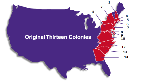 Bron 1: De eerste 13 koloniën aan de oostkust van Amerika.