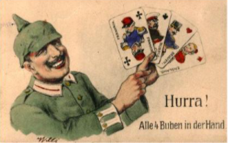 Briefkaart 1: Willi (Duitse keizer Wilhelm II): ‘Hoera! Alle vier azen in de hand’