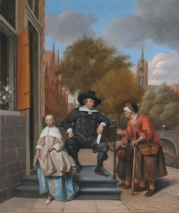 Burgemeester van Delft, met zijn dochter, met naast het bordes een bedelares