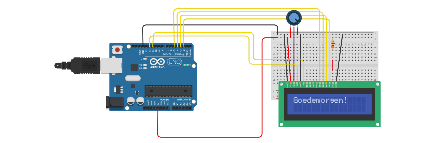 Een LCD scherm die tekst kan weergeven. De code maakt gebruik van 2 functies die naast de Setup() en Loop() zijn geschreven.