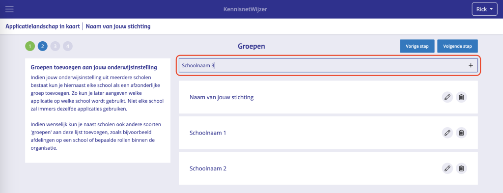 Vul hier de namen in van elke school binnen jouw bestuur