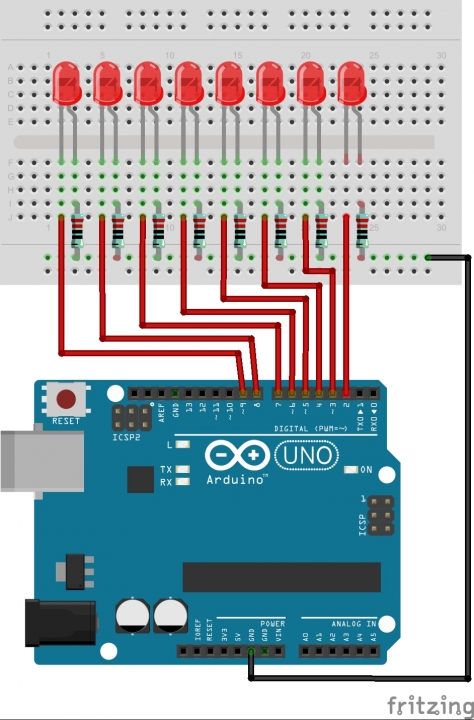 Arduino met acht LED's