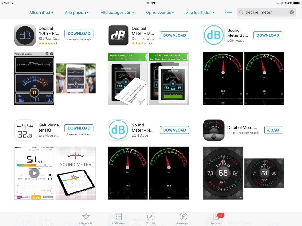 Afbeelding 2. Voorbeelden van decibelmeters. Bron: App Store, 2016