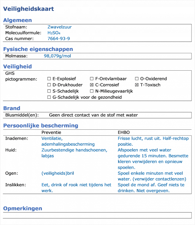 veiligheidskaart voor zwavelzuur