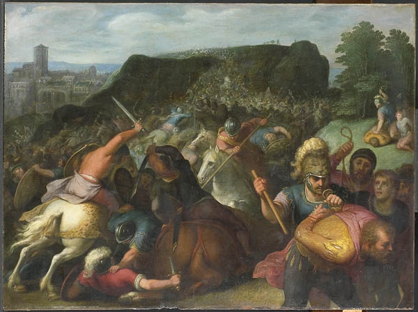 Tijdens een veldslag buiten een stad wordt Valentinus, aanvoerder van de Belgen, krijgsgevangen gemaakt. Links vechtende ruiters en voetsoldaten.’