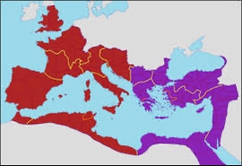 Op de afbeelding zie je het rode gebied dit is het West-Romeinse rijk en het paarse gebied is het Oost-Romeinse rijk