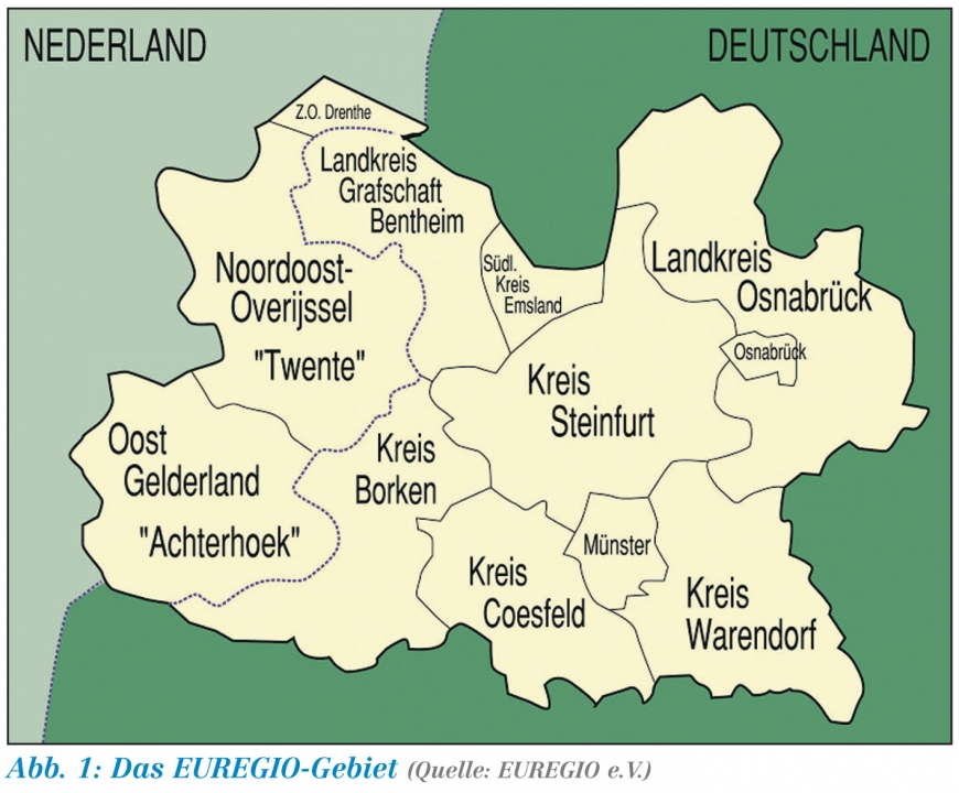 Kaart 1 van het Euregiogebied Twente Achterhoek Münsterland Osnabrückerland