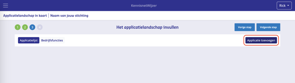 Klik rechtsboven op de knop Applicatie toevoegen om een nieuwe applicatie aan jouw applicatielandschap toe te voegen