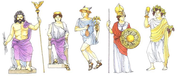 Een aantal Romeinse goden, afgebeeld in een cartoon.