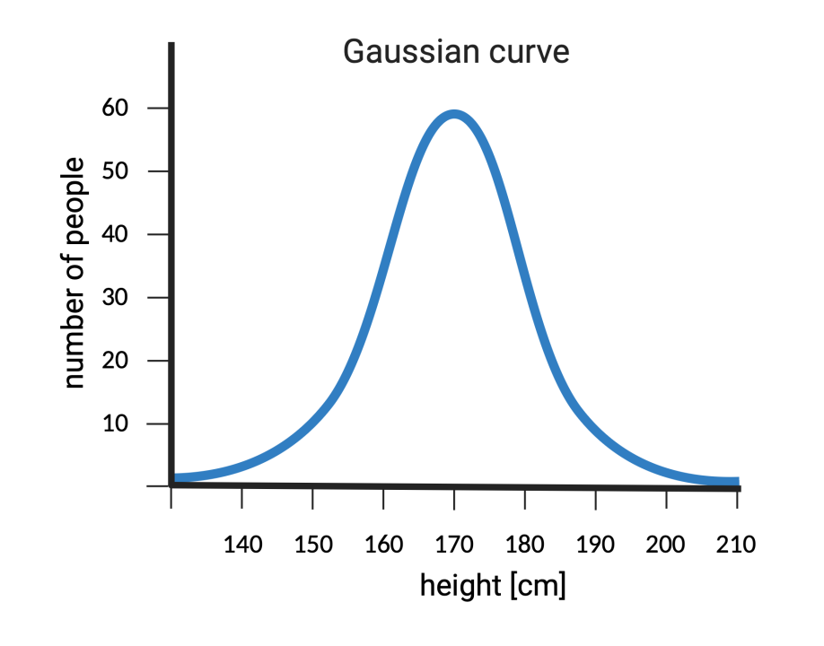 Figure 6.1 Gaussian curve of quantitative traits. The graph shows the distribution of phenotypic classes of quantitative traits in the population, using height as an example. The course of the curve shows that most of the people in the studied group are of average height (170cm) and only a small number of people are very short or very tall.