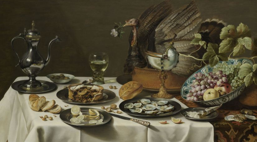 Pieter Claeszn: stilleven met kalkoenpastei, 1627