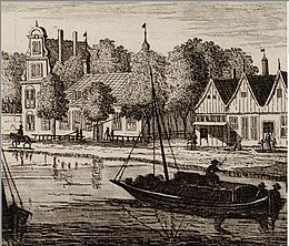 Image from 1720 - Before the Industrial Revolution, people traveled on foot, on horseback or in a tow barge. You see such a barge here. The boat is pulled over the water by the horse on the left. You can imagine that this was not a fast mode of transport.