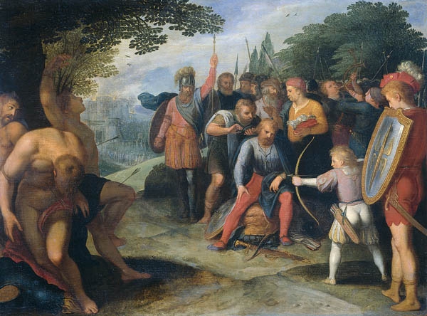 Na de val van Vetera laat Claudius Civilis zijn haar knippen, terwijl zijn zoontje met pijl en boog enige gevangenen doodt.