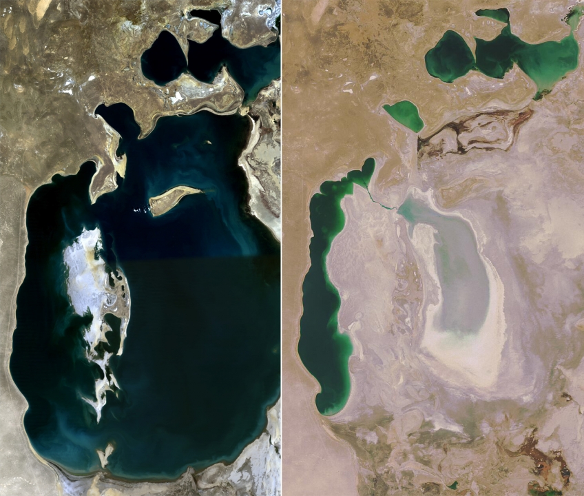 Het Aralmeer in 1989, toen het al aan het uitdrogen was, links, en het zelfde meer in 2003 rechts
