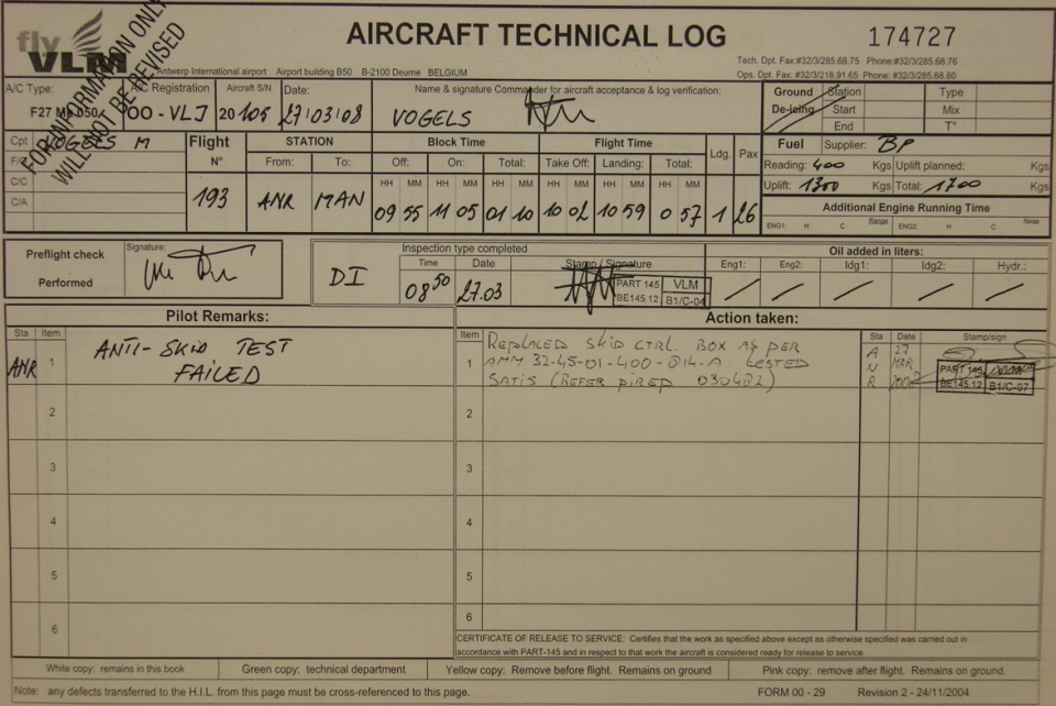Voorbeeld van een ATL (Aircraft Technical Log)