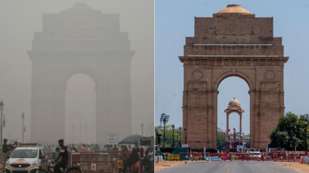 Hier zie je een plaatje van smog. Dit is in India voor de corona lockdown en na de corona lockdown.
