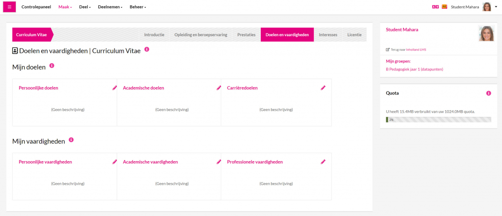 De tab voor doelen is verdeeld in 3 secties: persoonlijk, academisch en carrière. Doelen die hier staan kunnen op je pagina's opgenomen worden.  Persoonlijke of carrière-doelen worden dikwijls in een curriculum gebruikt, zodat lezers kunnen begrijpen hoe een bepaalde rol kan passen bij jouw ambities.  Je kunt ook het onderdeel voor academische doelen gebruiken om te beschrijven wat je wil bereiken met je opleiding en deze minor.