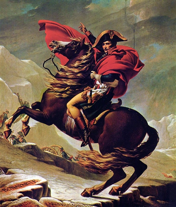 Napoleon steek de Alpen over bij St. Bernhardpas. Schilderij van Jacques-Louis David 1800