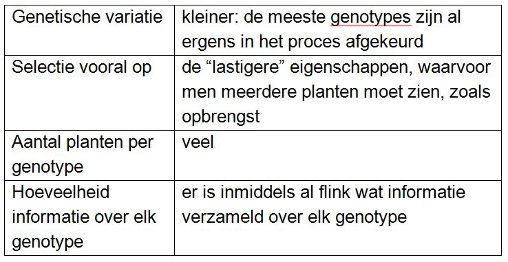 Kenmerken van het zevende jaar van selectie in een vegetatief vermeerderd gewas. Bron: CAH Vilentum.