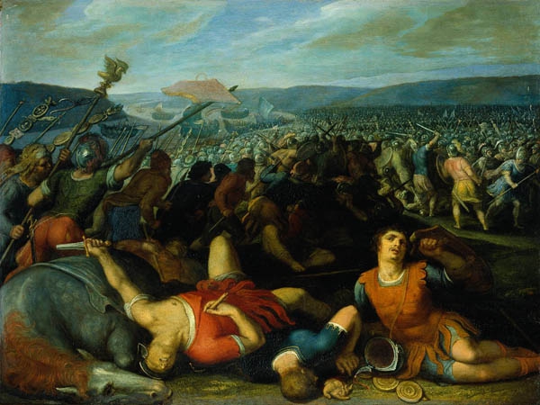 De Bataven verslaan de Romeinen bij de Rijn. Veldslag met op de voorgrond twee verslagen Romeinse soldaten en een paard, daarachter de oprukkende legers van de Batavieren.