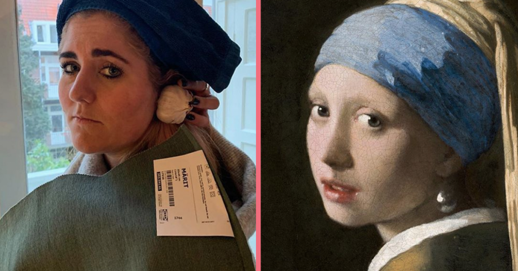 Hier is iemand die heel creatief is geweest met een kunstwerk van Vermeer (Meisje met de Parel). Bron:@tussenkunstenquarantaine