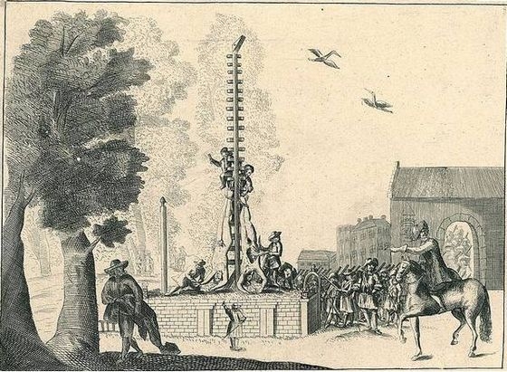 de lichamen van de gebroeders de Wit, opgehangen op het Groene Zoodje, 1672