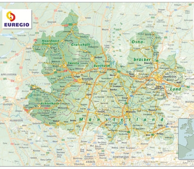 Kaart van het Euregiogebied Twente Achterhoek Münsterland Osnabrückerland