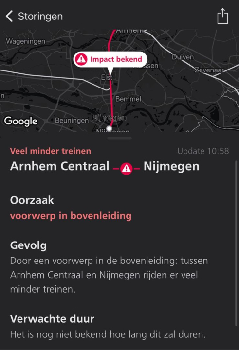 NS App geeft de storing tussen Arnhem en Nijmegen aan.