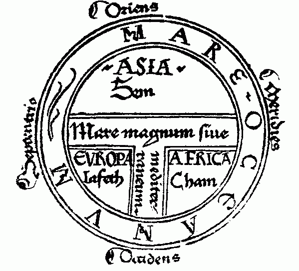 OT-kaart. Middeleeuwse voorstelling van de wereld. De wereld wordt gezien als een platte schijf, in drieën gedeeld door een T van water. Dit water moet, de Nijl, de Donau en de Middellandse zee voorstellen.