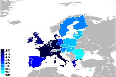 Kaart van Europa, waarop te zien in wanneer welk land toetrad tot de Europese Unie.