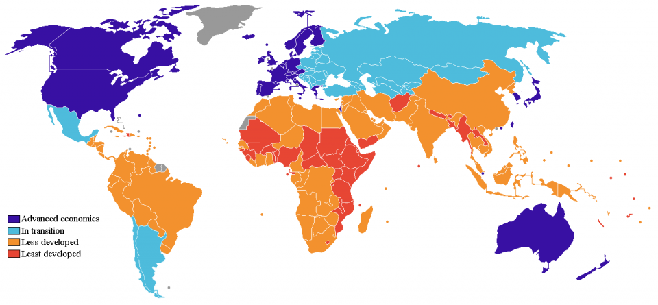 Afbeelding 5: Ontwikkelingslanden (oranje en rood) in de wereld.