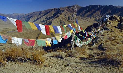 Gebedsvlaggetjes in het Himalaya gebergte