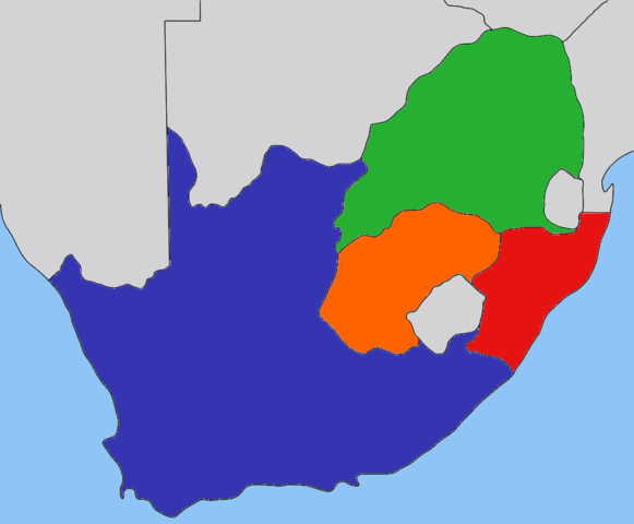 Blauw: Brits Rijk, Groen: Transvaal, Oranje: Oranje Vrijstaat, en Rood: Natalia