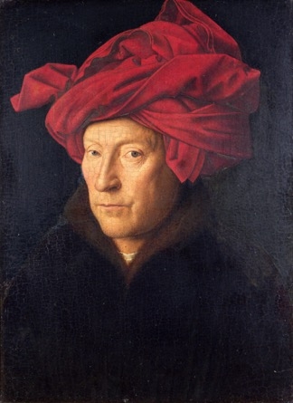 Man met rode tulband uit 1433, vermoedelijk het eerste zelfportret uit de kunstgeschiedenis. Jan van Eyck (1390? – 1441)