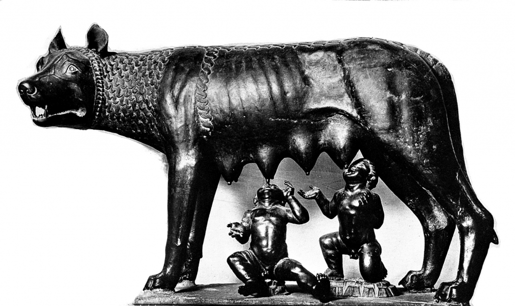 Romulus en Remus worden gevoed door de wolf.