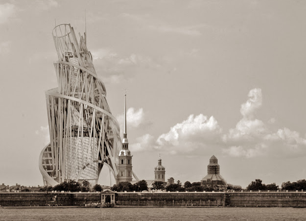 Vladimir Tatlin - ontwerp voor het monument van de 3e Internationale (staatsvergadertoren) 1919 fotomontage.